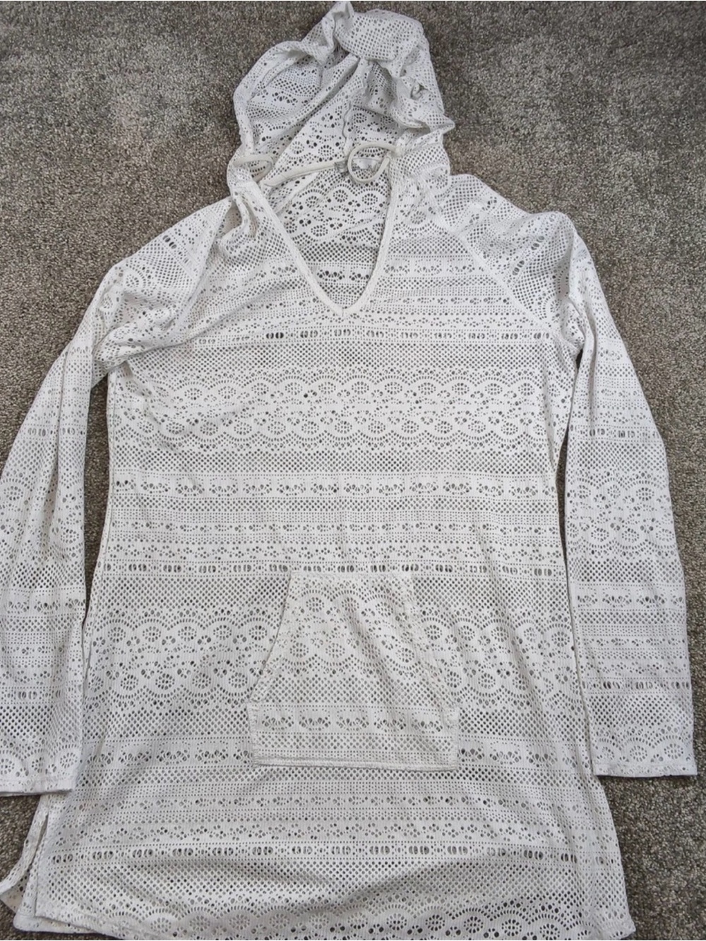 Prana White Crochet Hooded Cover-Up Tunic